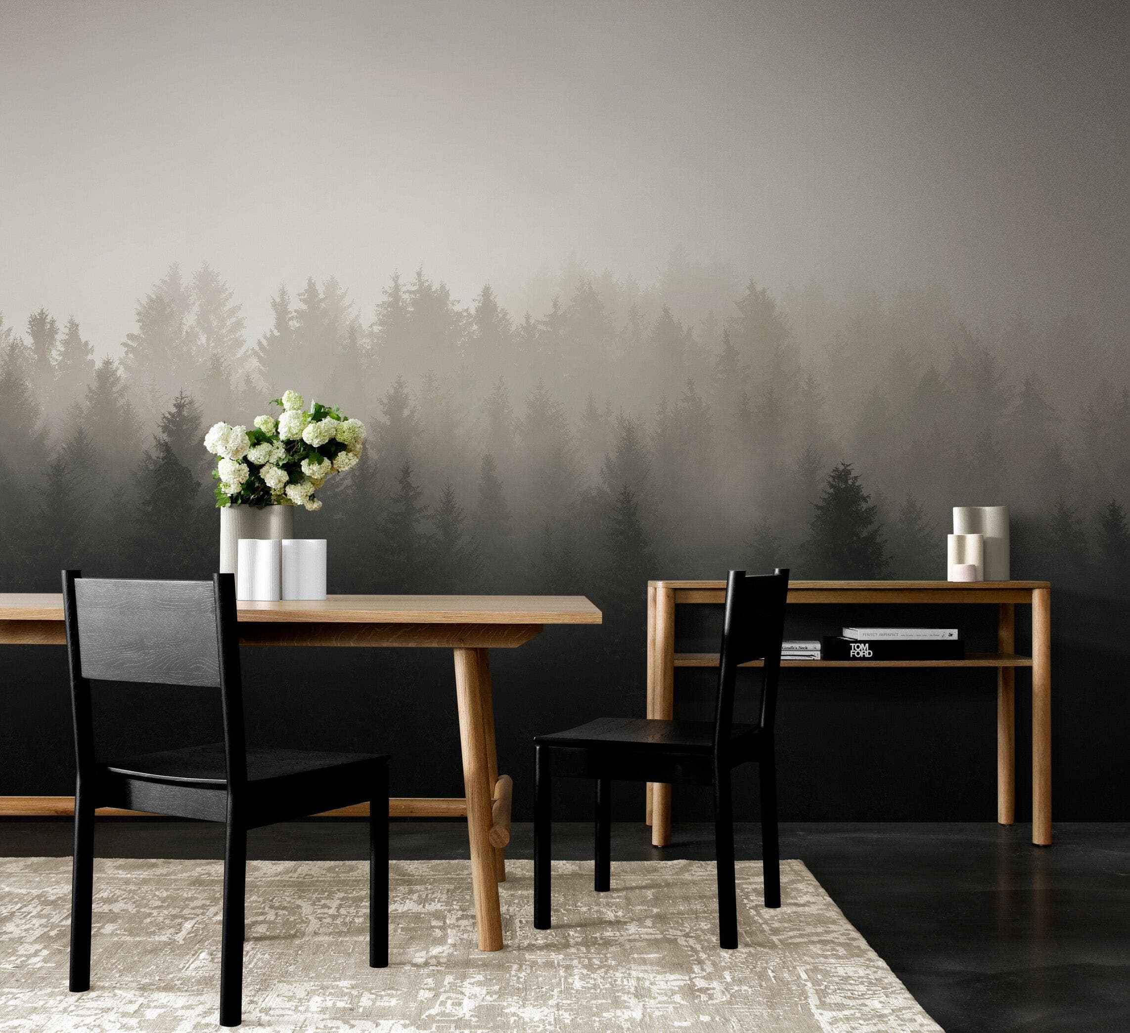 Misty Pine Forest Wall Mural. Peaceful Foggy Morning Scenery. #6122