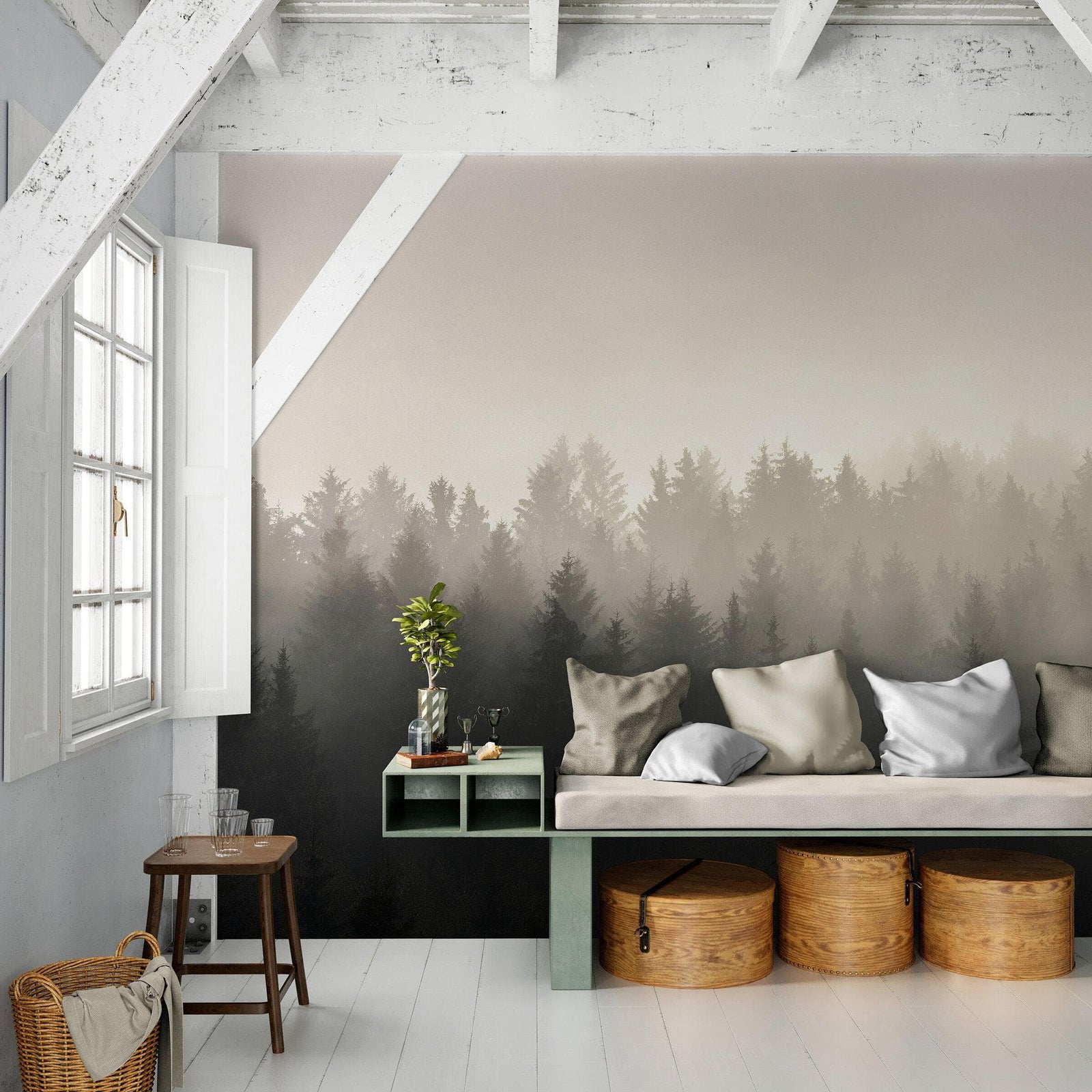 Misty Pine Forest Wall Mural. Peaceful Foggy Morning Scenery. #6122
