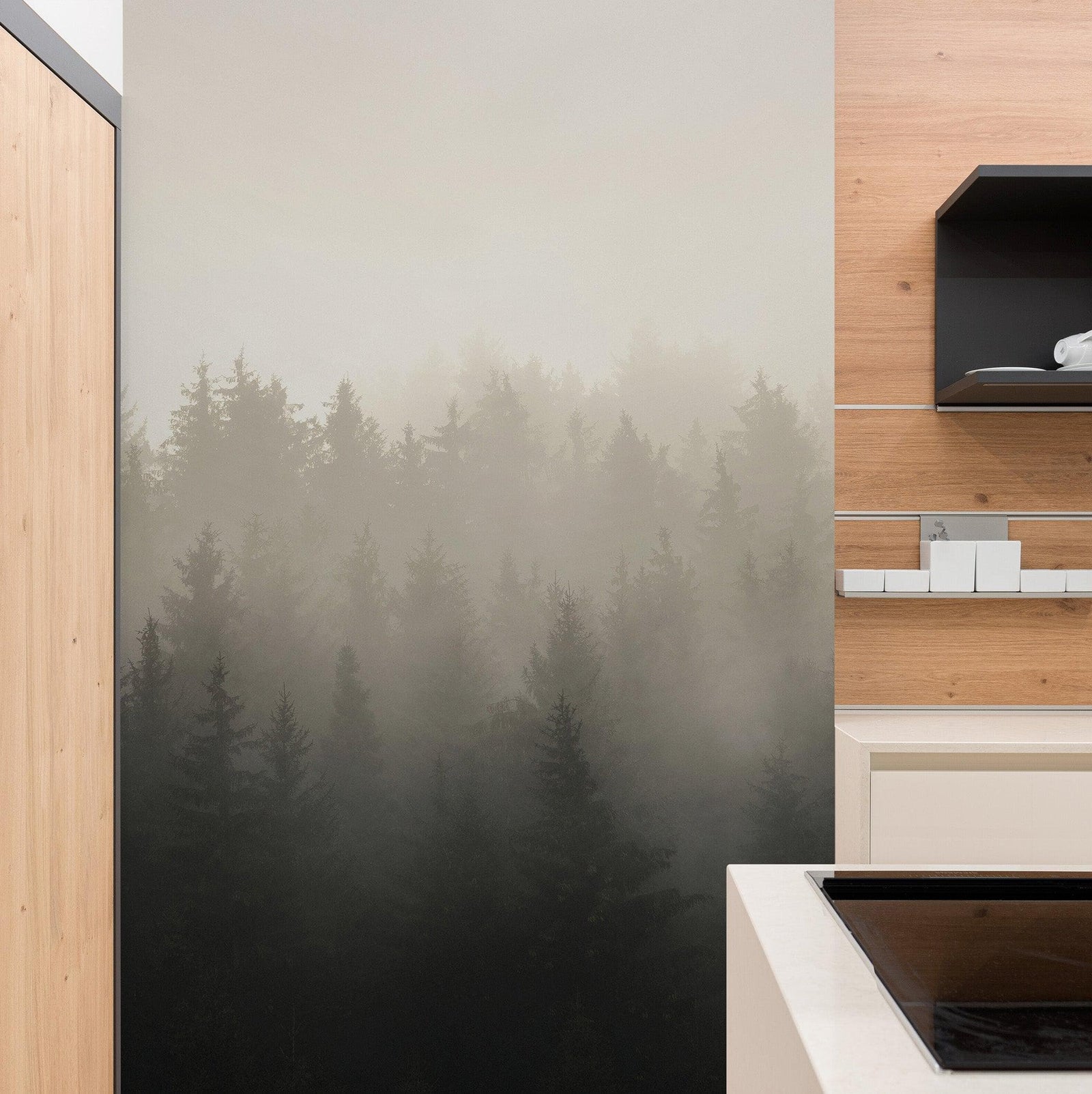 Misty Pine Forest Wall Mural. Peaceful Foggy Morning Scenery. #6122