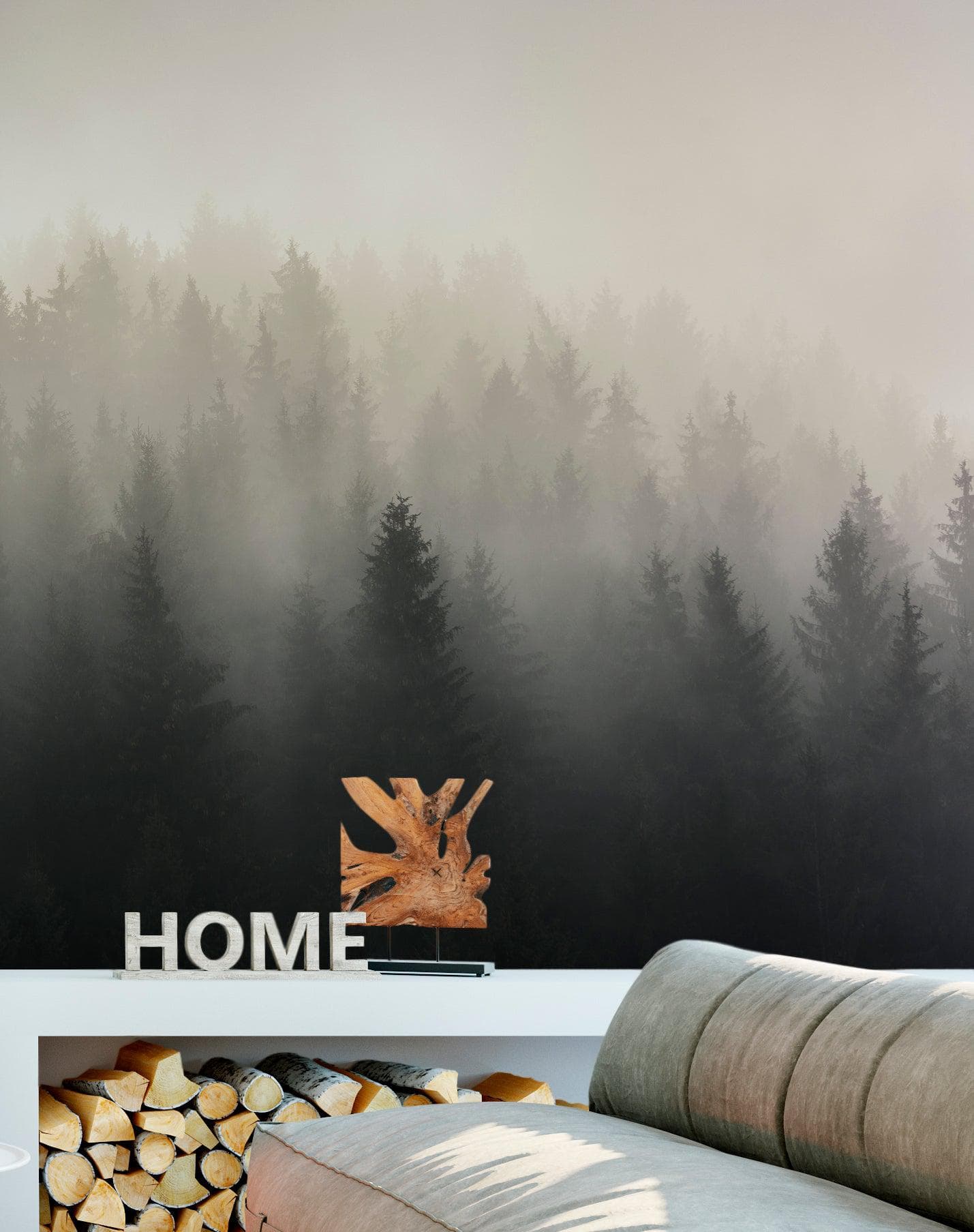 Misty Pine Forest Wall Mural. Peaceful Foggy Morning Scenery. #6122