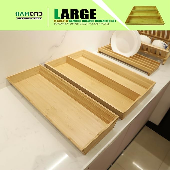 2-Piece V-Shaped Bamboo Drawer Organizer - Ideal for Kitchen's Large Long Tableware, Cooking Utensils, Flatware, Silverware - Wood Storage Box for Home, Bedroom, Bathroom (19.6