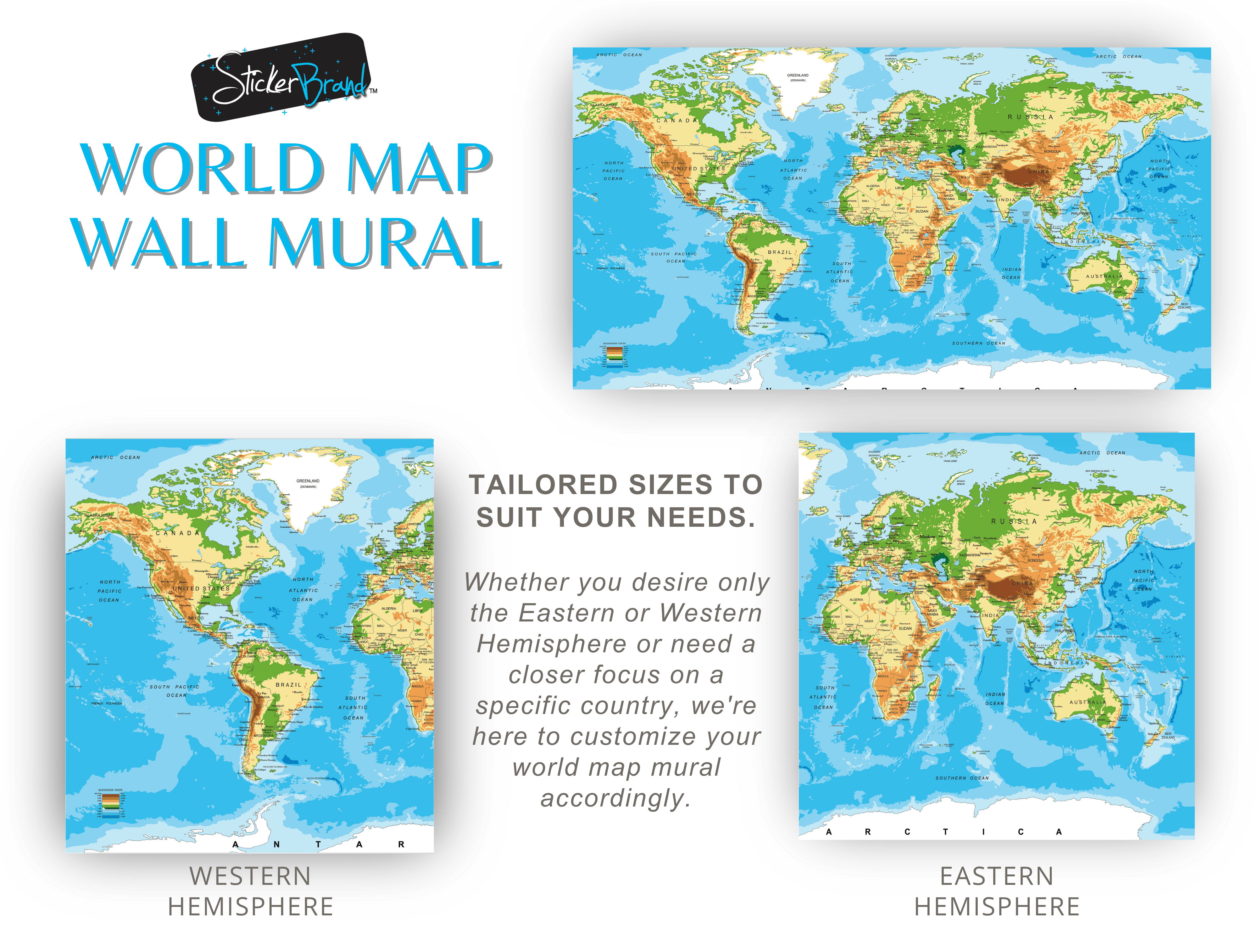 Large Blue World Map Wall Mural. #6134