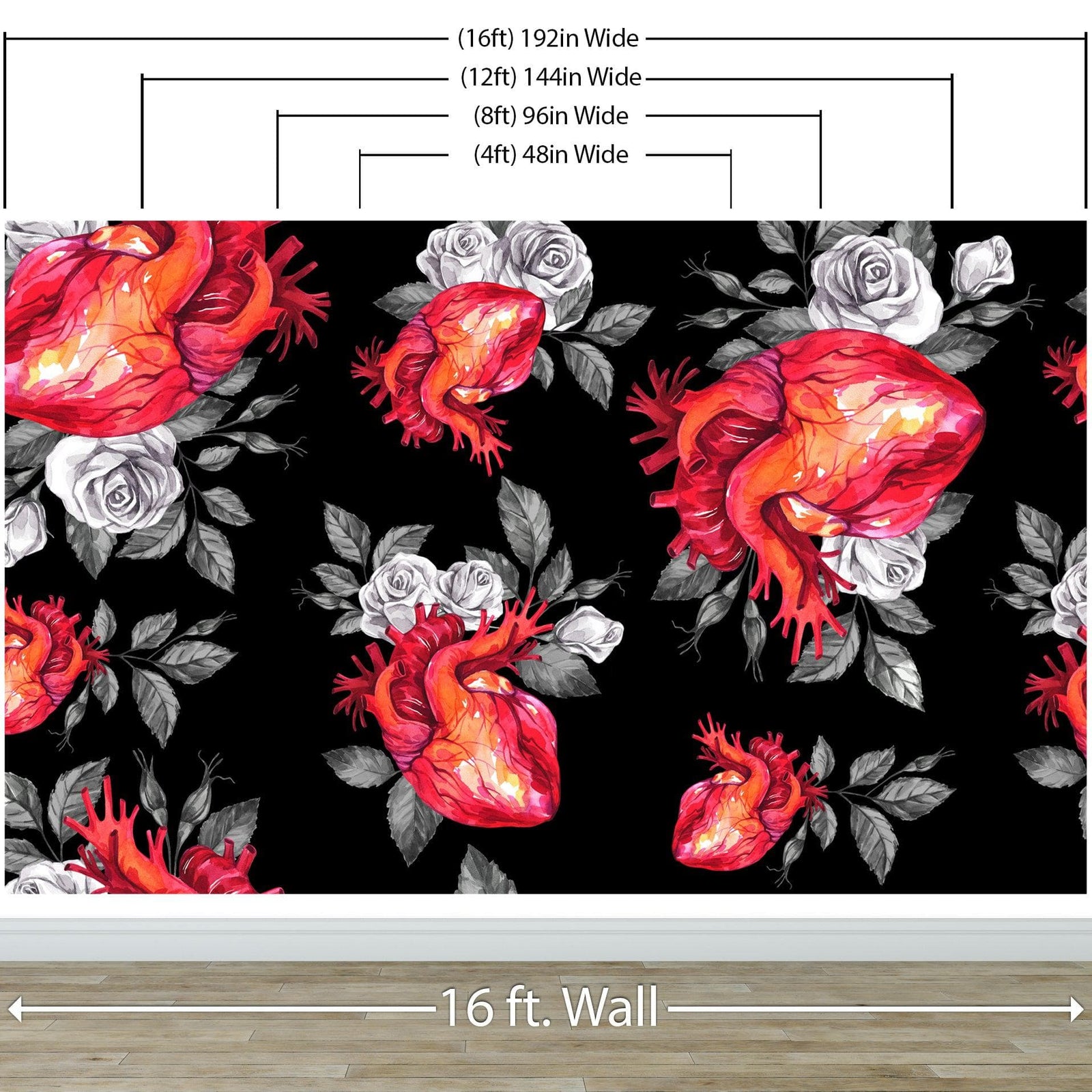 Valentines Hearts and Roses Watercolor Pattern Wall Mural. Black background. #6136