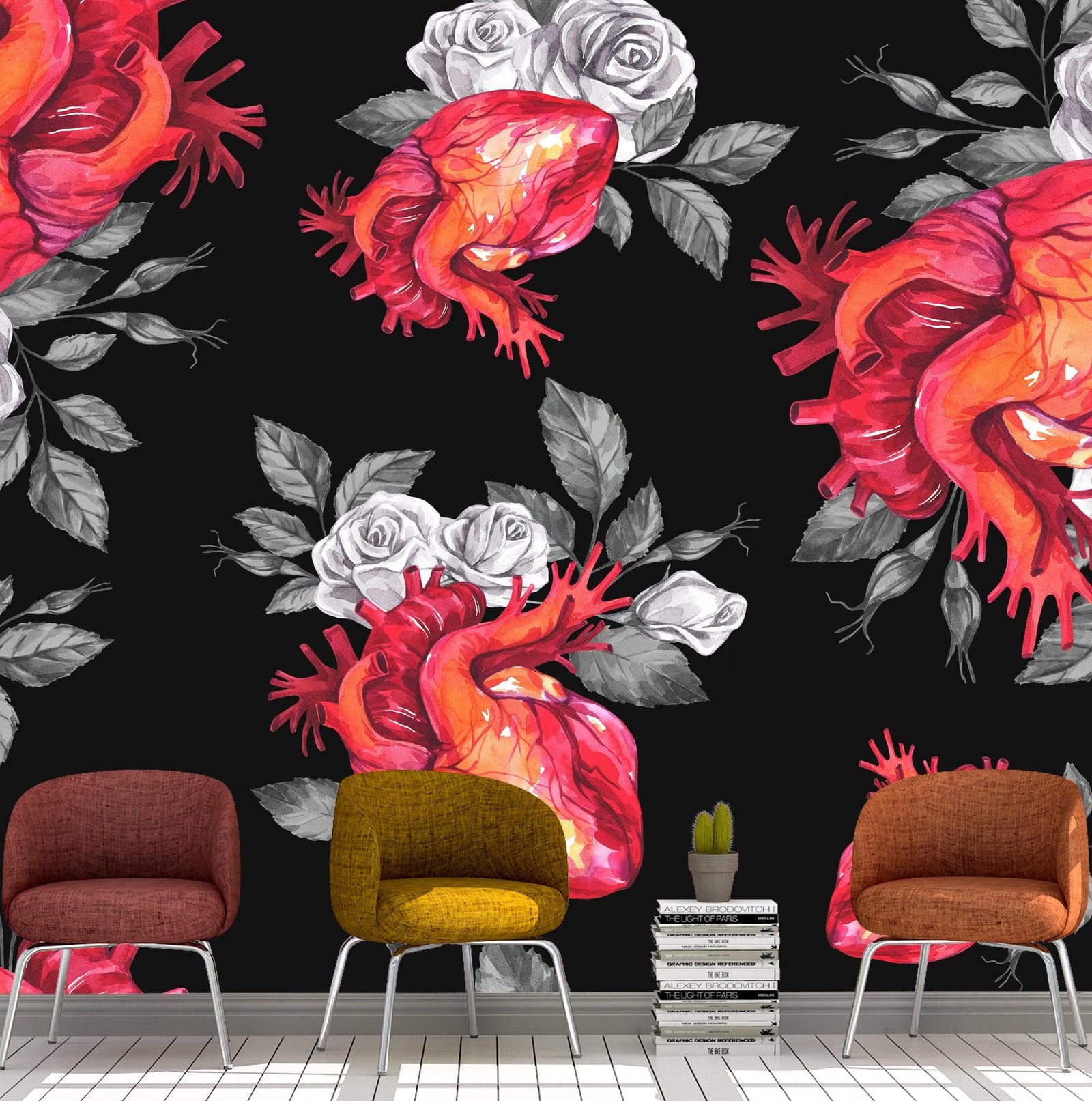 Valentines Hearts and Roses Watercolor Pattern Wall Mural. Black background. #6136