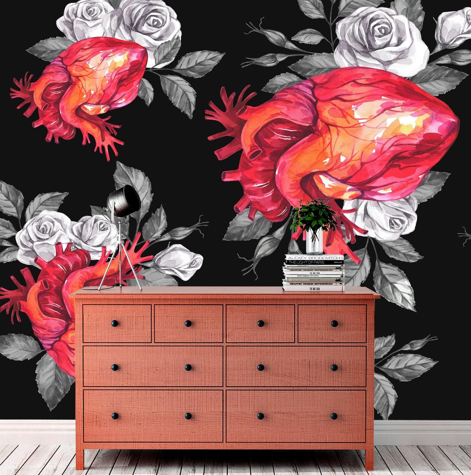 Valentines Hearts and Roses Watercolor Pattern Wall Mural. Black background. #6136