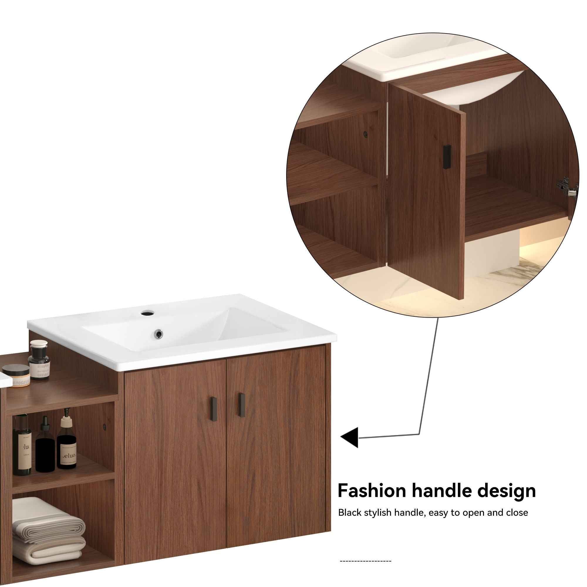 Soft Close Doors Bathroom Vanity With Small Storage Shelves, 24" And 12" Combination Cabinet - Reddish Brown
