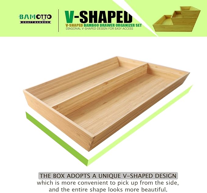 V-Shaped Bamboo Drawer Organizer Set of 3, Kitchen Large and Long Utensil Plate, Flatware & Silverware Storage Box, Wood Drawer Organizer for Bedroom, Living Room (19.6