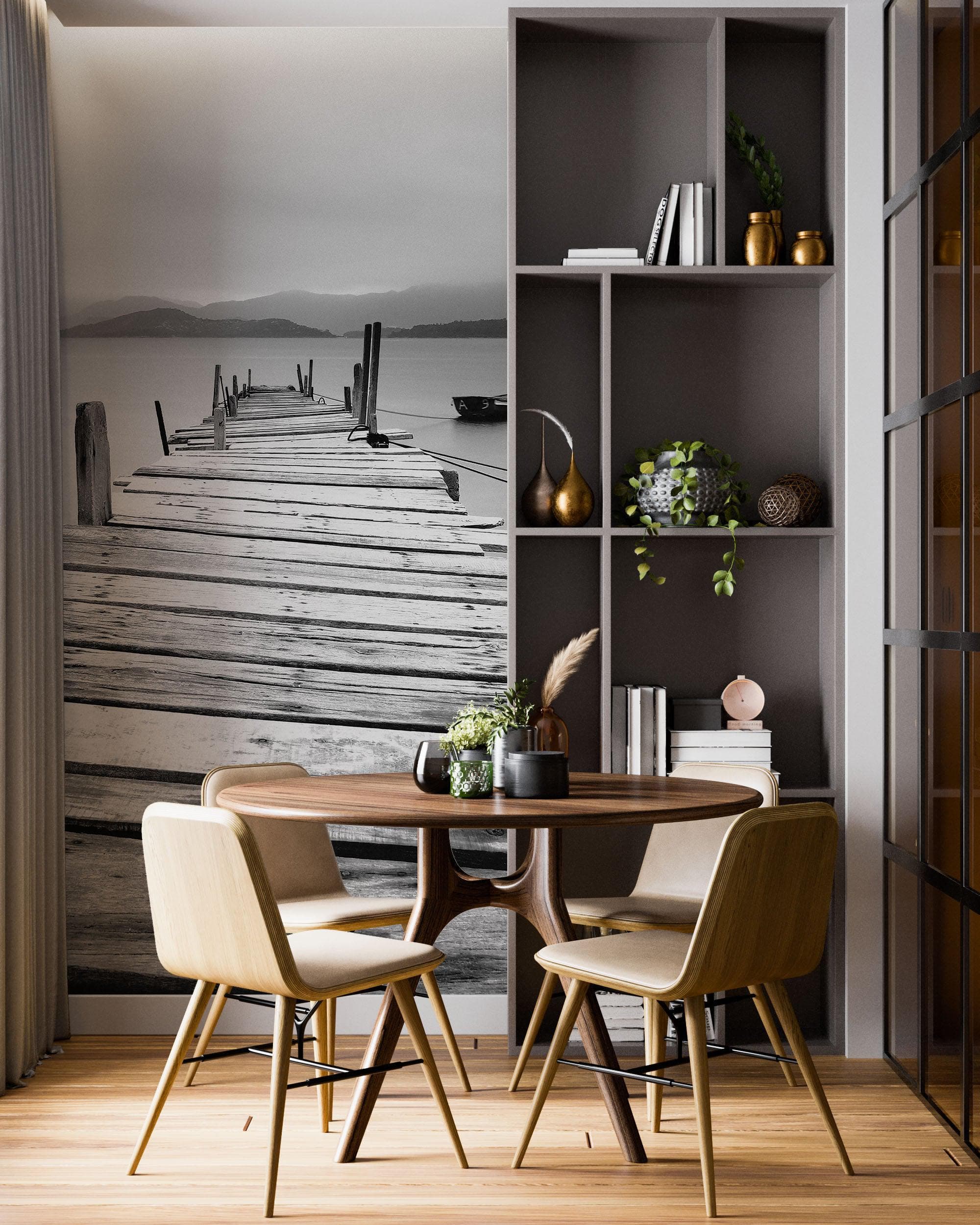 Misty Lake View Boat on Pier Black and White Mural Wall Decal Sticker #6143