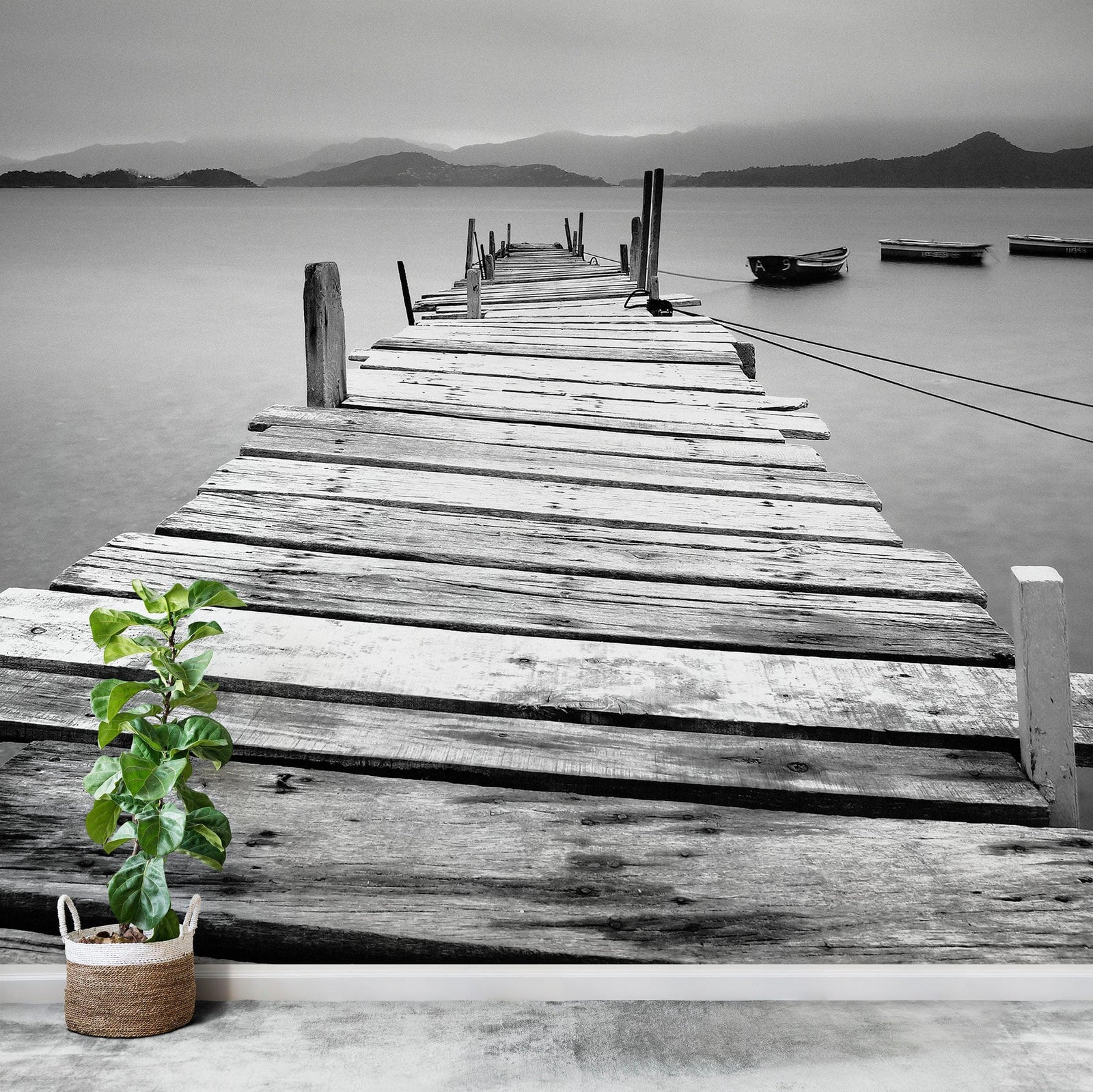Misty Lake View Boat on Pier Black and White Mural Wall Decal Sticker #6143