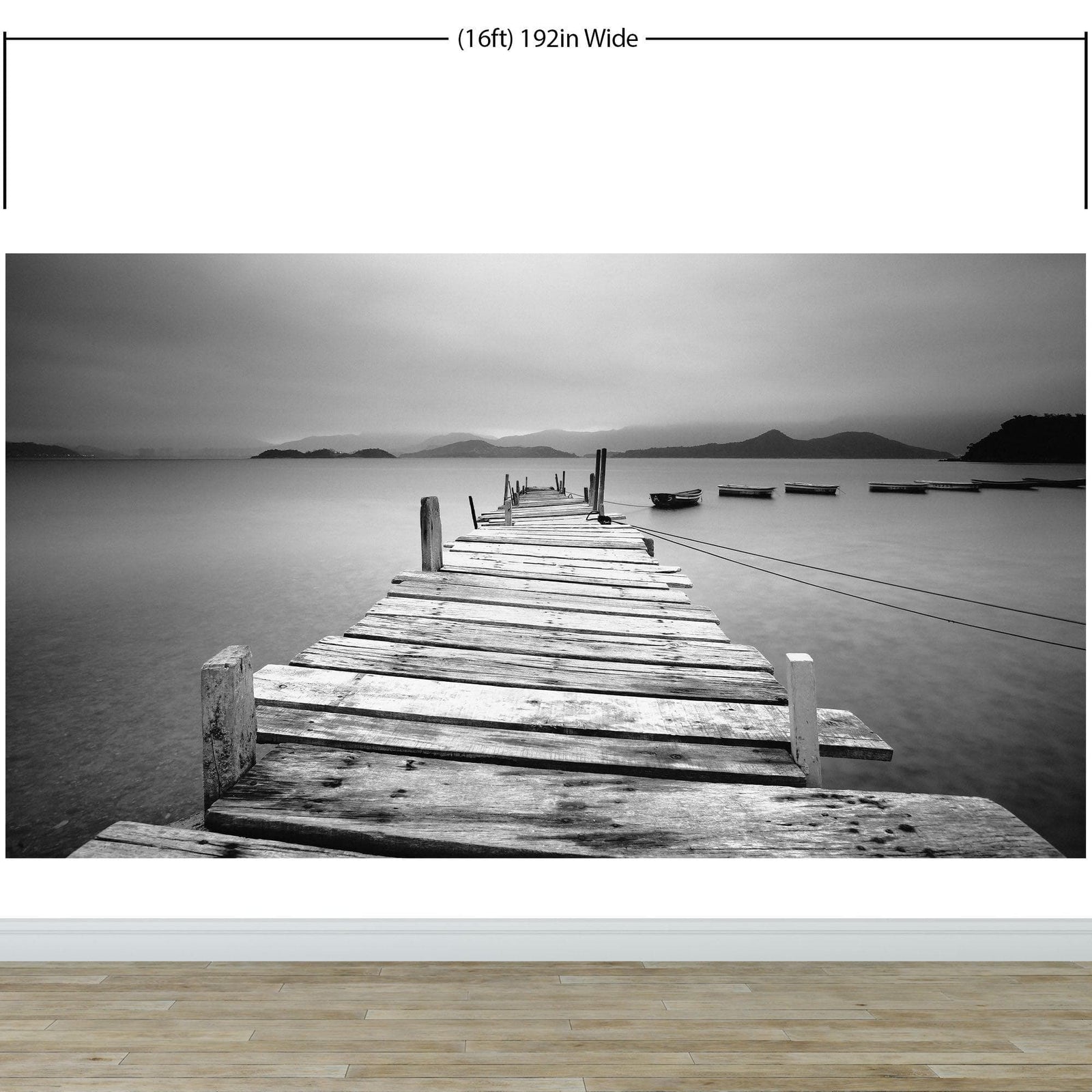 Misty Lake View Boat on Pier Black and White Mural Wall Decal Sticker #6143