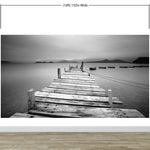 Misty Lake View Boat on Pier Black and White Mural Wall Decal Sticker #6143