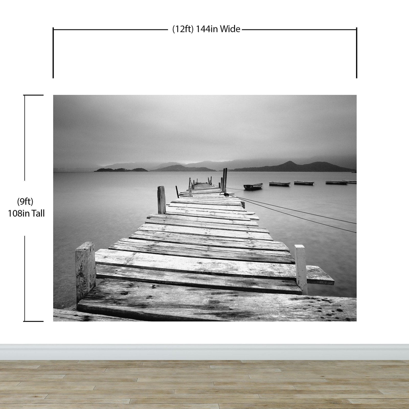 Misty Lake View Boat on Pier Black and White Mural Wall Decal Sticker #6143