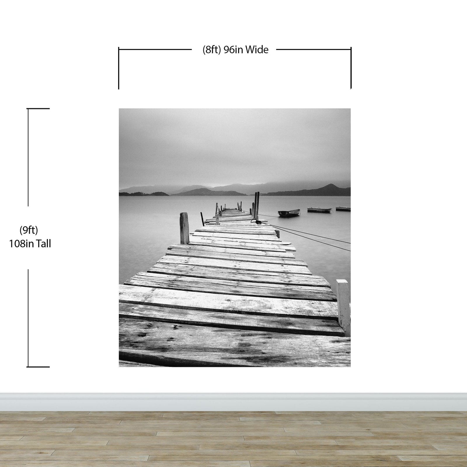 Misty Lake View Boat on Pier Black and White Mural Wall Decal Sticker #6143
