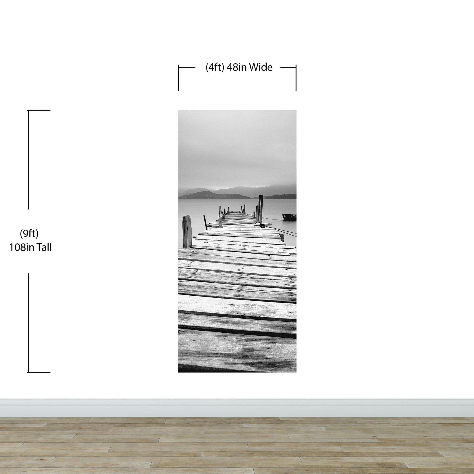 Misty Lake View Boat on Pier Black and White Mural Wall Decal Sticker #6143