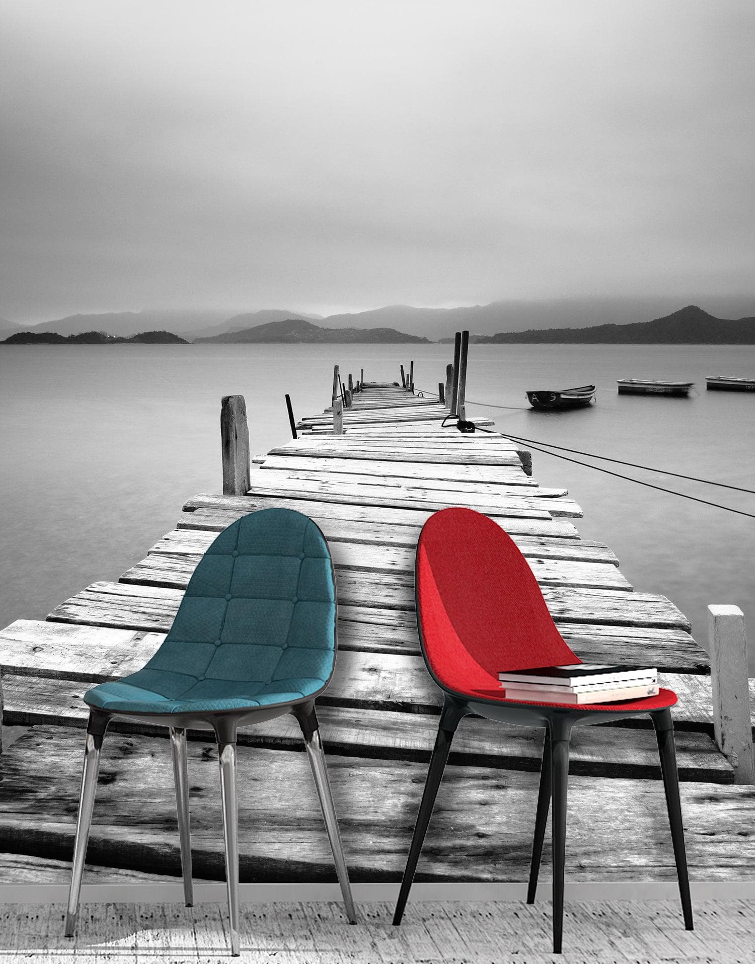 Misty Lake View Boat on Pier Black and White Mural Wall Decal Sticker #6143