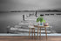 Misty Lake View Boat on Pier Black and White Mural Wall Decal Sticker #6143