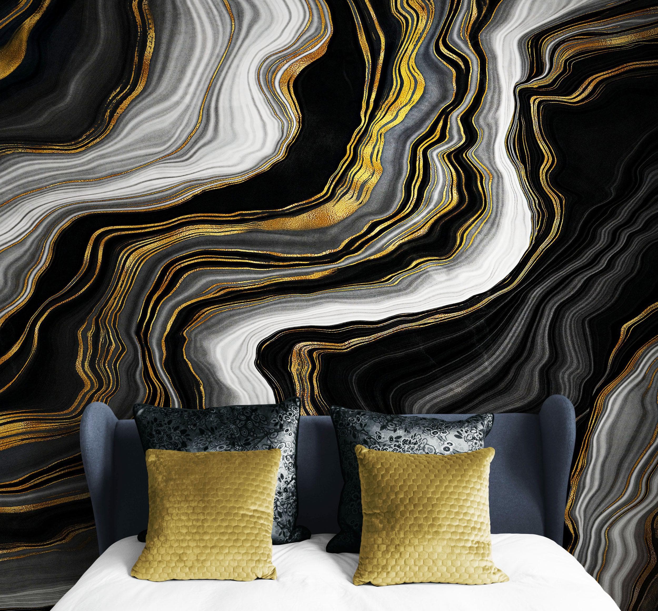 Black and Gold Abstract Marble Stone Pattern Peel and Stick Wallpaper. #6146