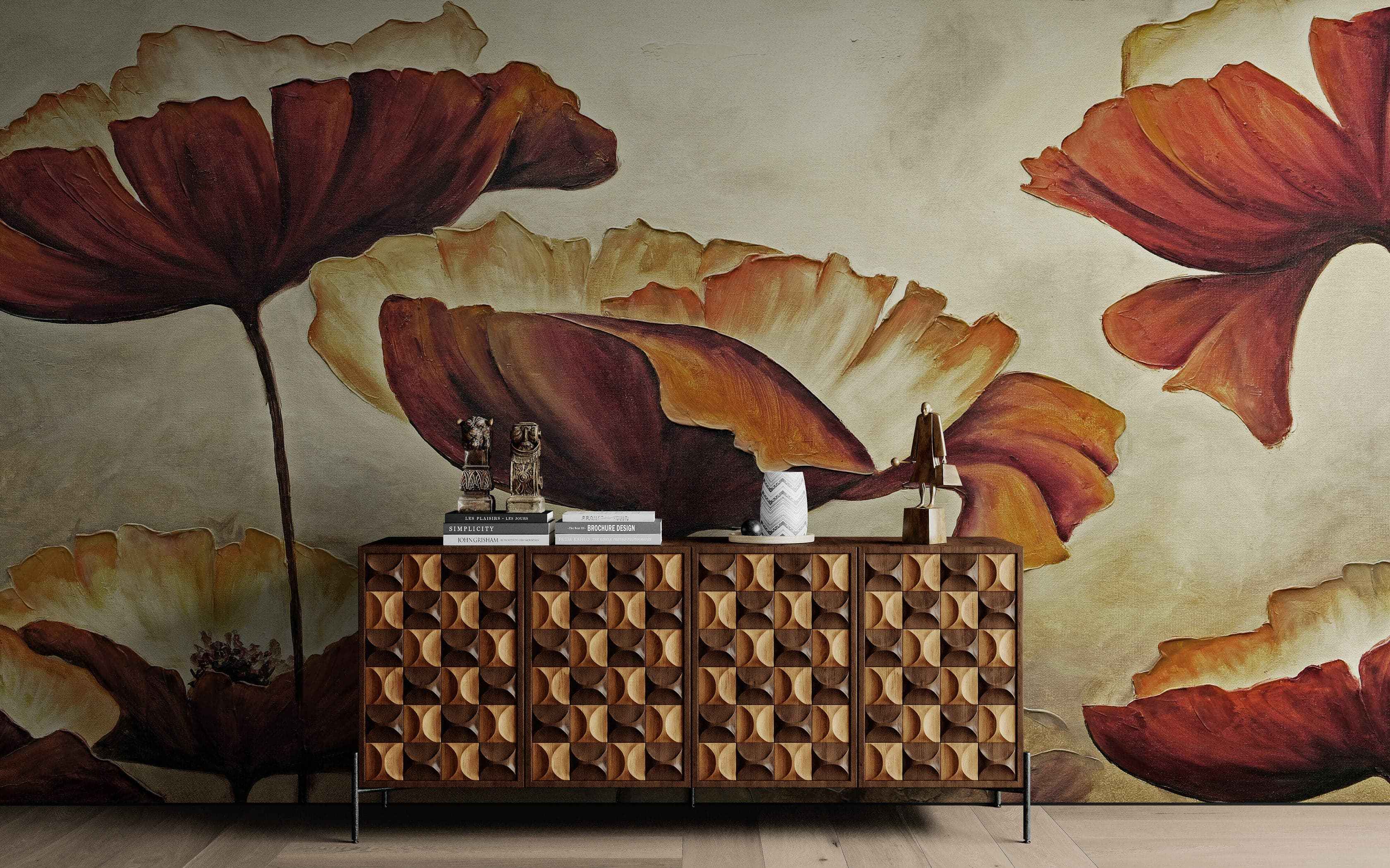 Sepia Poppies Flower Wall Mural. Vintage Botanical Wallpaper. #6155
