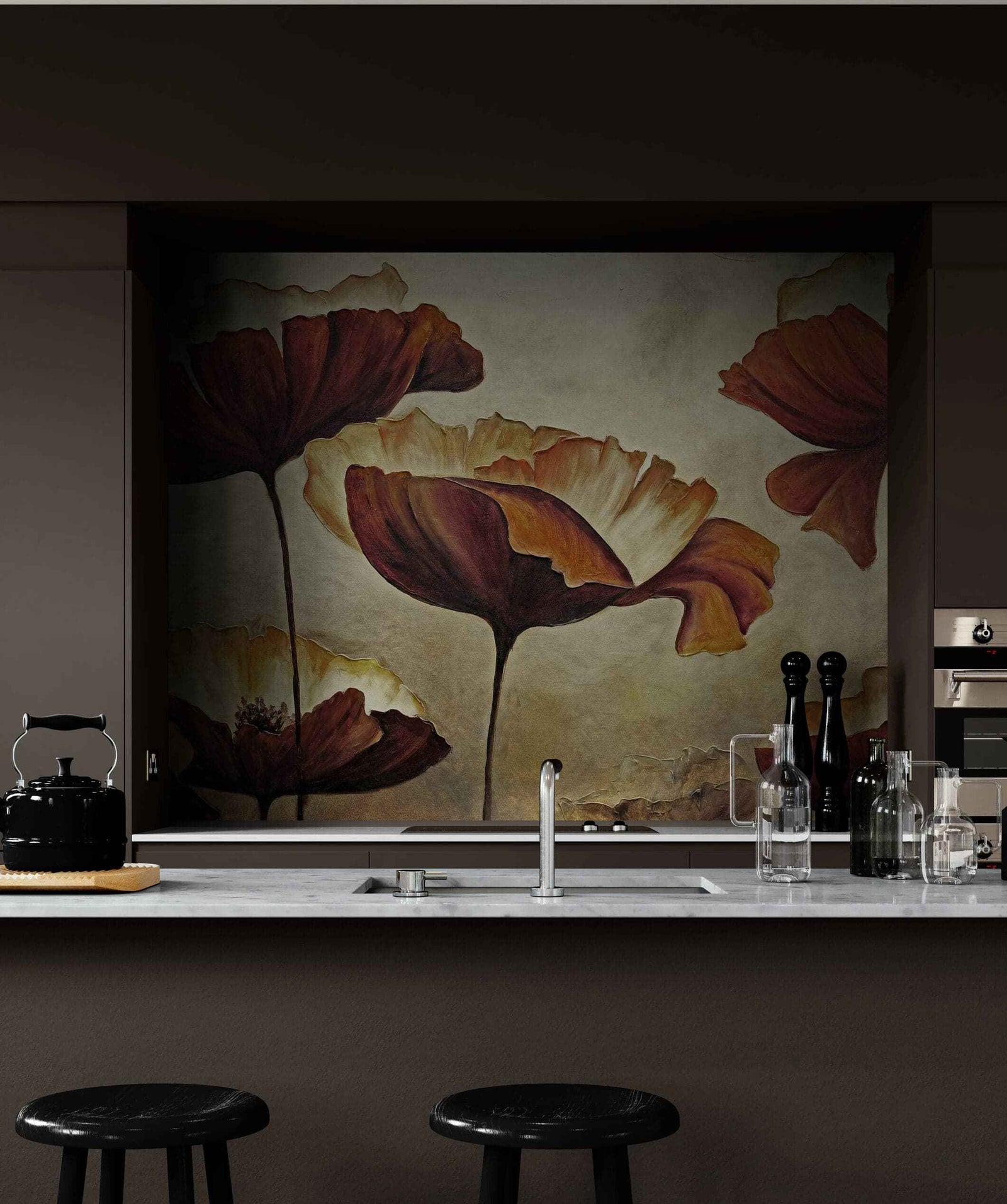 Sepia Poppies Flower Wall Mural. Vintage Botanical Wallpaper. #6155