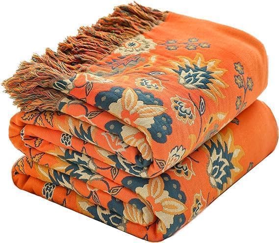 Throw Blanket for Couch Bed Chair,100% Cotton Soft Lightweight Blanket Rustic Quilt -Orange Floral Printed Farmhouse Decor Bed All Season Blankets,90