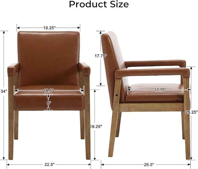 Mid Century Modern Dining Chairs Set of 2 Faux Leather Upholstered Living Room Side Chair, Kitchen Arm Chair with Solid Wood Legs for Home Kitchen & Restaurant, PU Brown