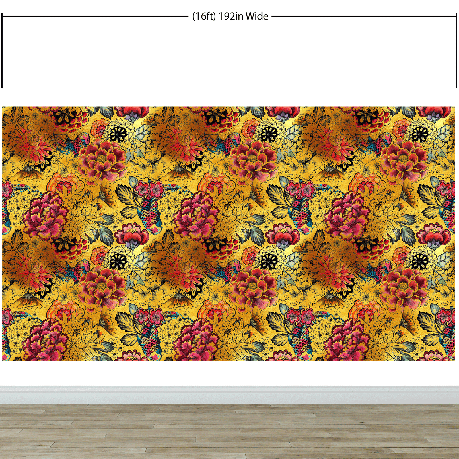 Japanese Art Koi Fish Peel and Stick Wallpaper. Gold Flowers Background.  Removable Wall Mural #6192