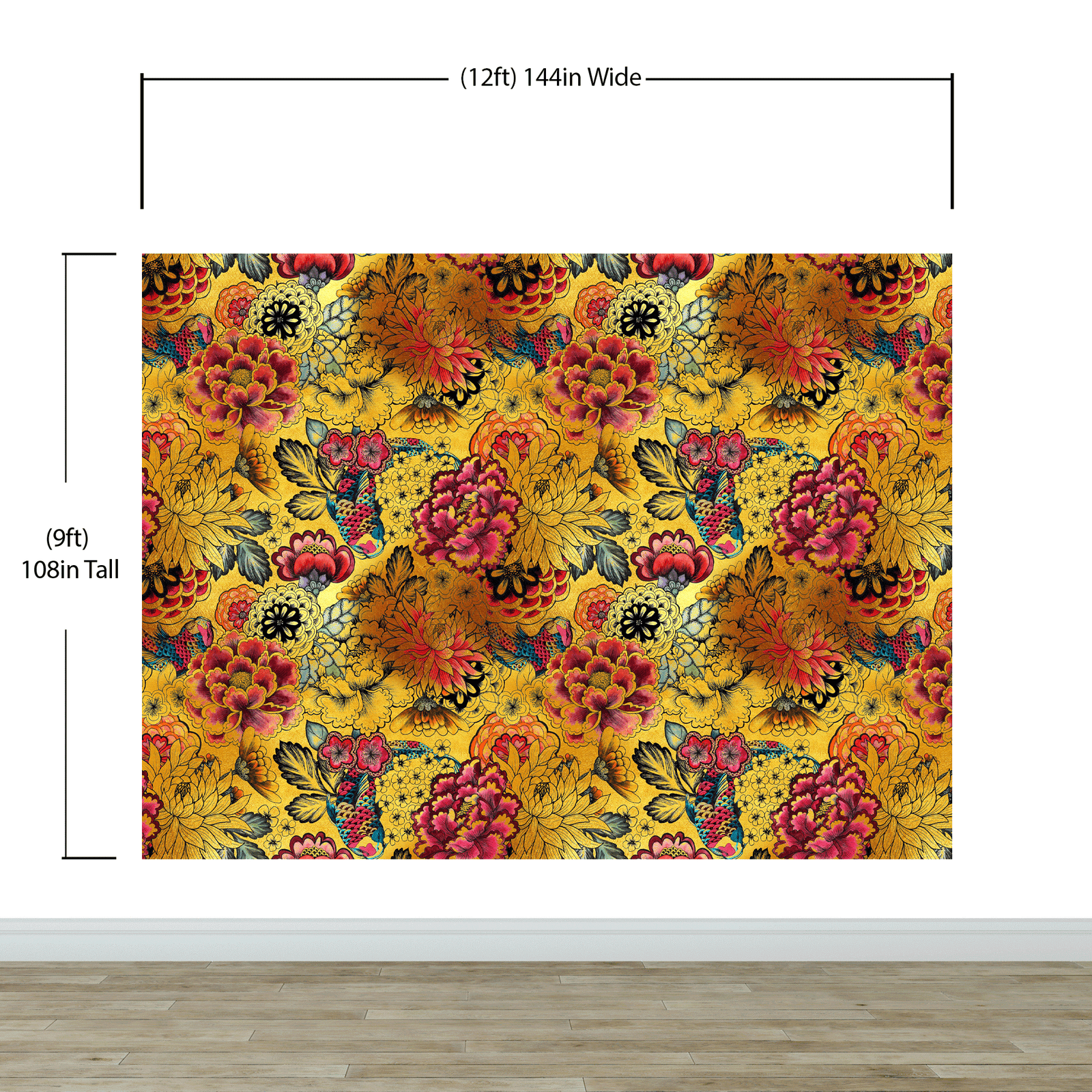 Japanese Art Koi Fish Peel and Stick Wallpaper. Gold Flowers Background.  Removable Wall Mural #6192