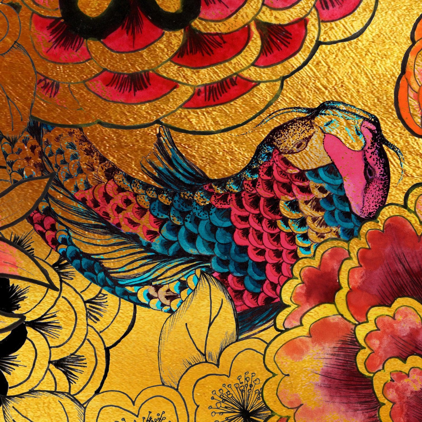 Japanese Art Koi Fish Peel and Stick Wallpaper. Gold Flowers Background.  Removable Wall Mural #6192