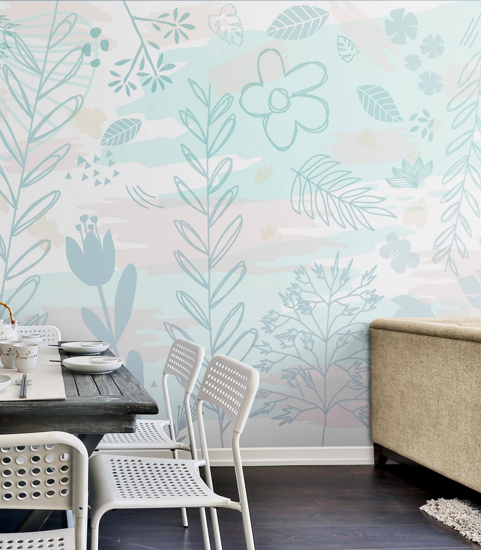 Pastel Botanical Nature Wallpaper Mural. Leafs and Flowers Design. #6195