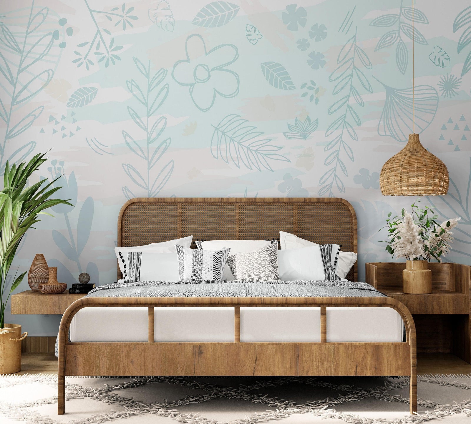 Pastel Botanical Nature Wallpaper Mural. Leafs and Flowers Design. #6195