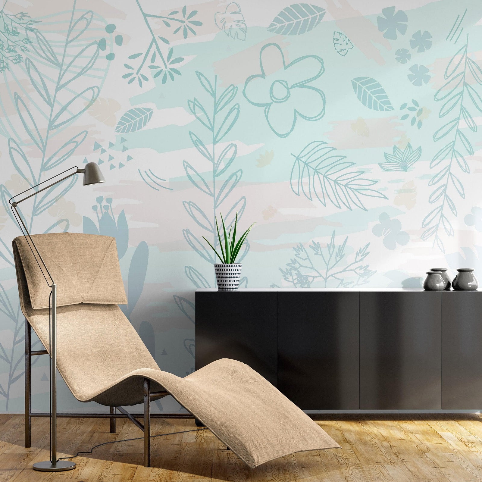 Pastel Botanical Nature Wallpaper Mural. Leafs and Flowers Design. #6195