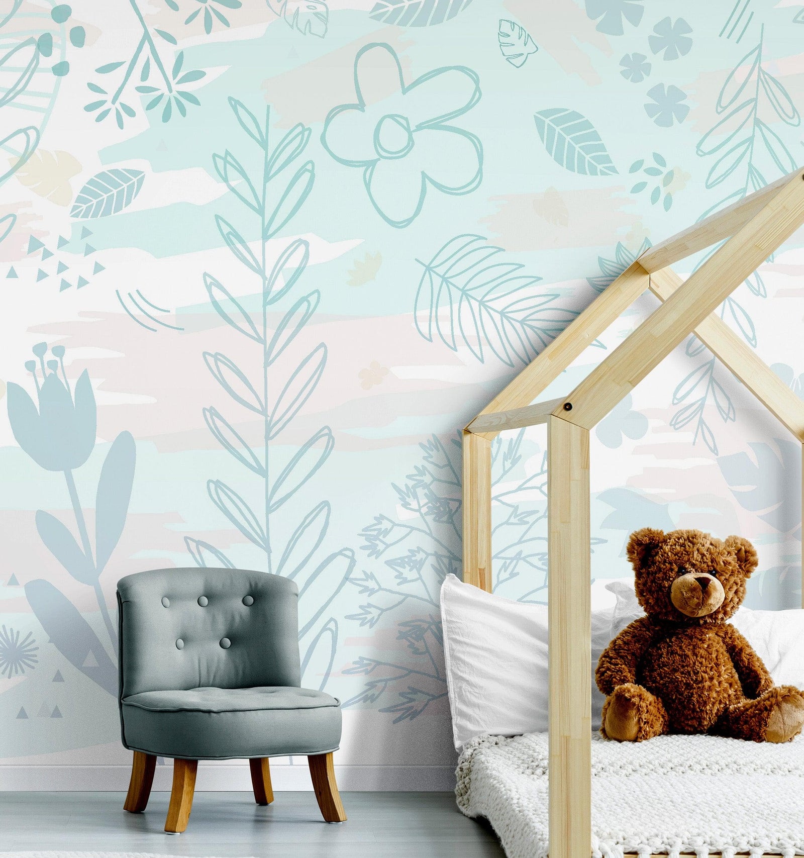 Pastel Botanical Nature Wallpaper Mural. Leafs and Flowers Design. #6195