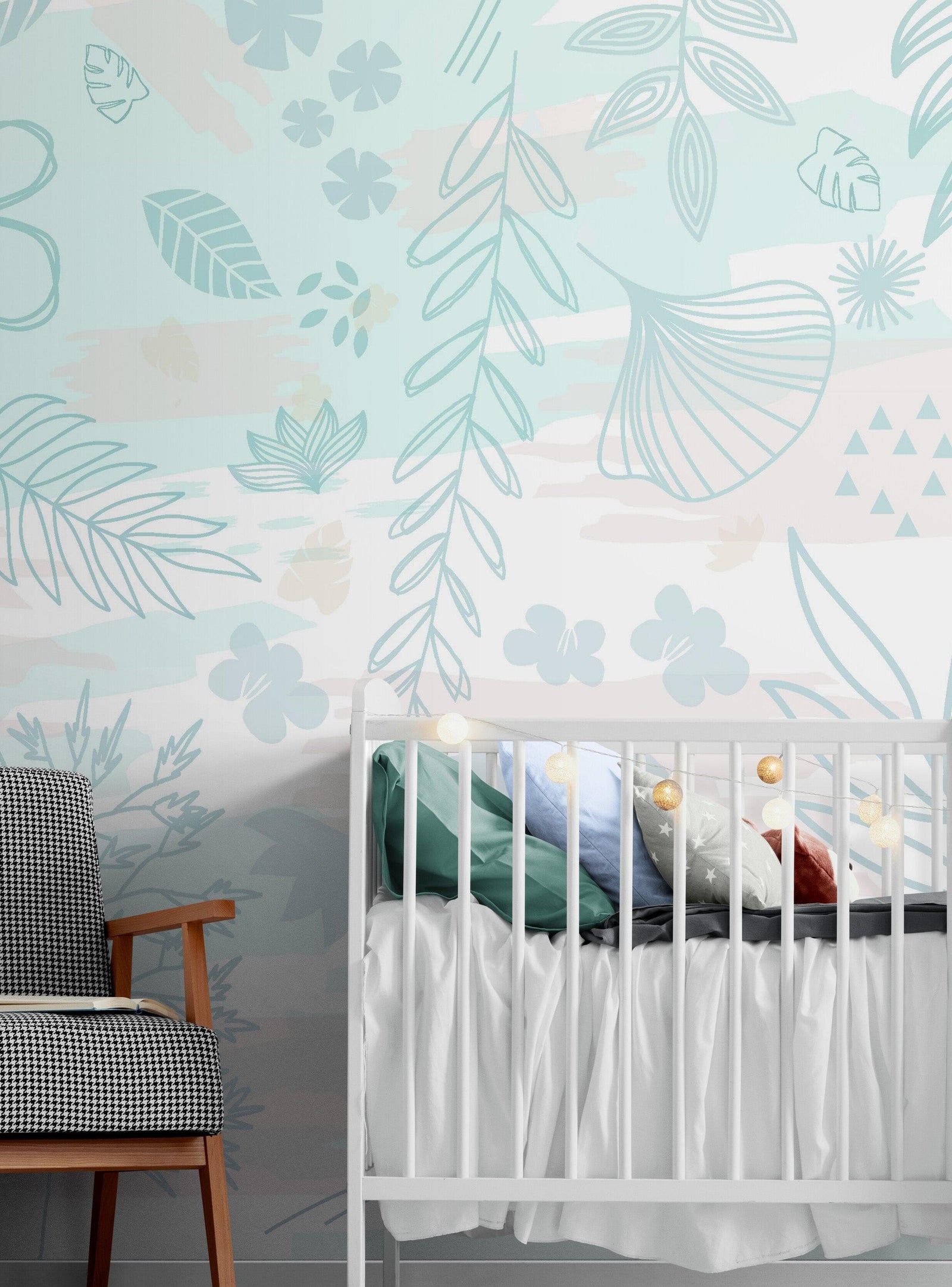 Pastel Botanical Nature Wallpaper Mural. Leafs and Flowers Design. #6195