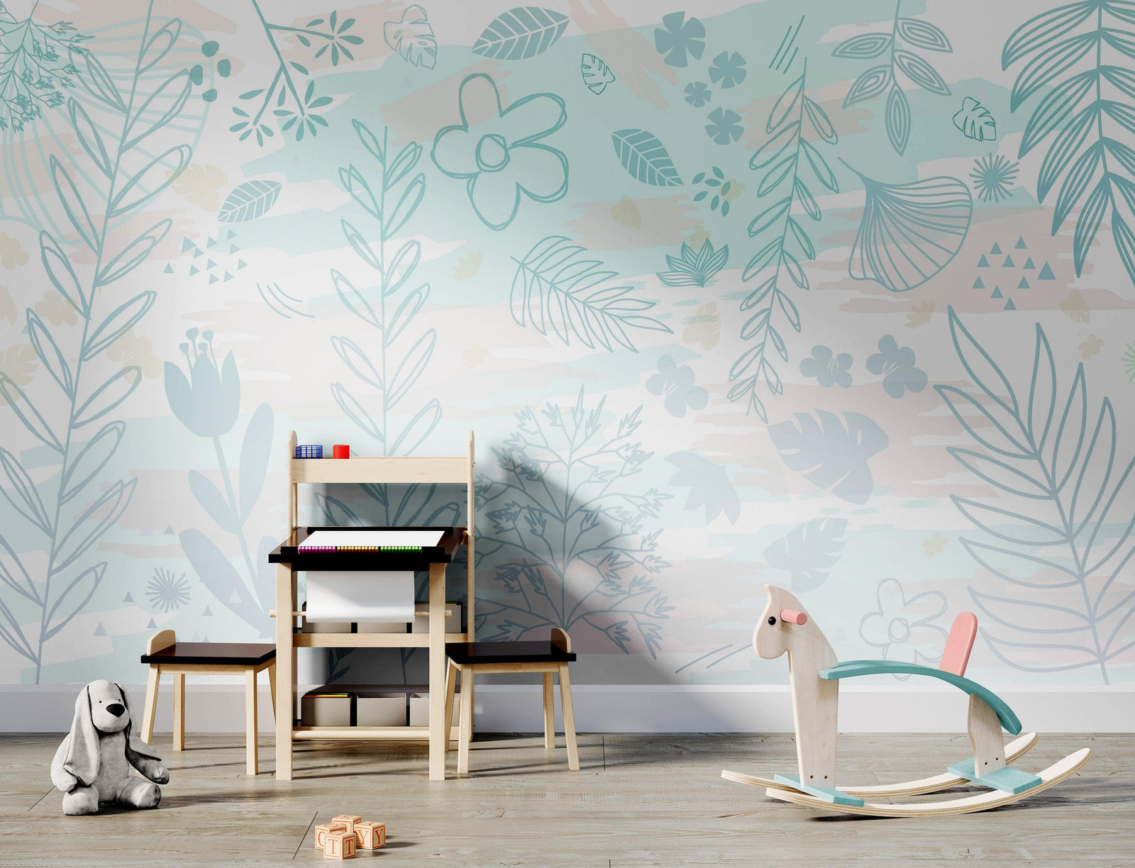 Pastel Botanical Nature Wallpaper Mural. Leafs and Flowers Design. #6195