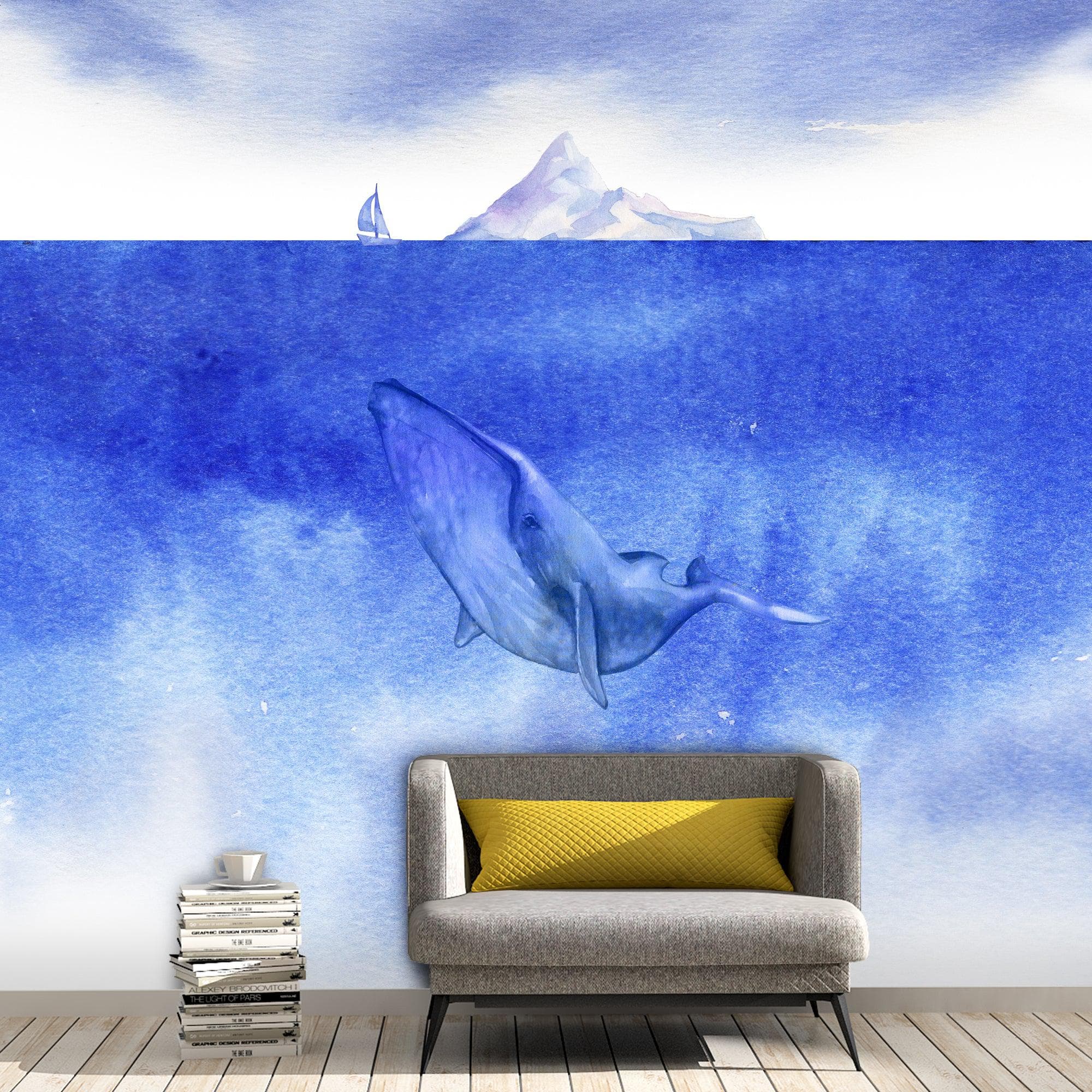 Whale in Ocean Wall Mural. Watercolor artwork of whale, island and sailboat. Peel and Stick Wallpaper. #6197