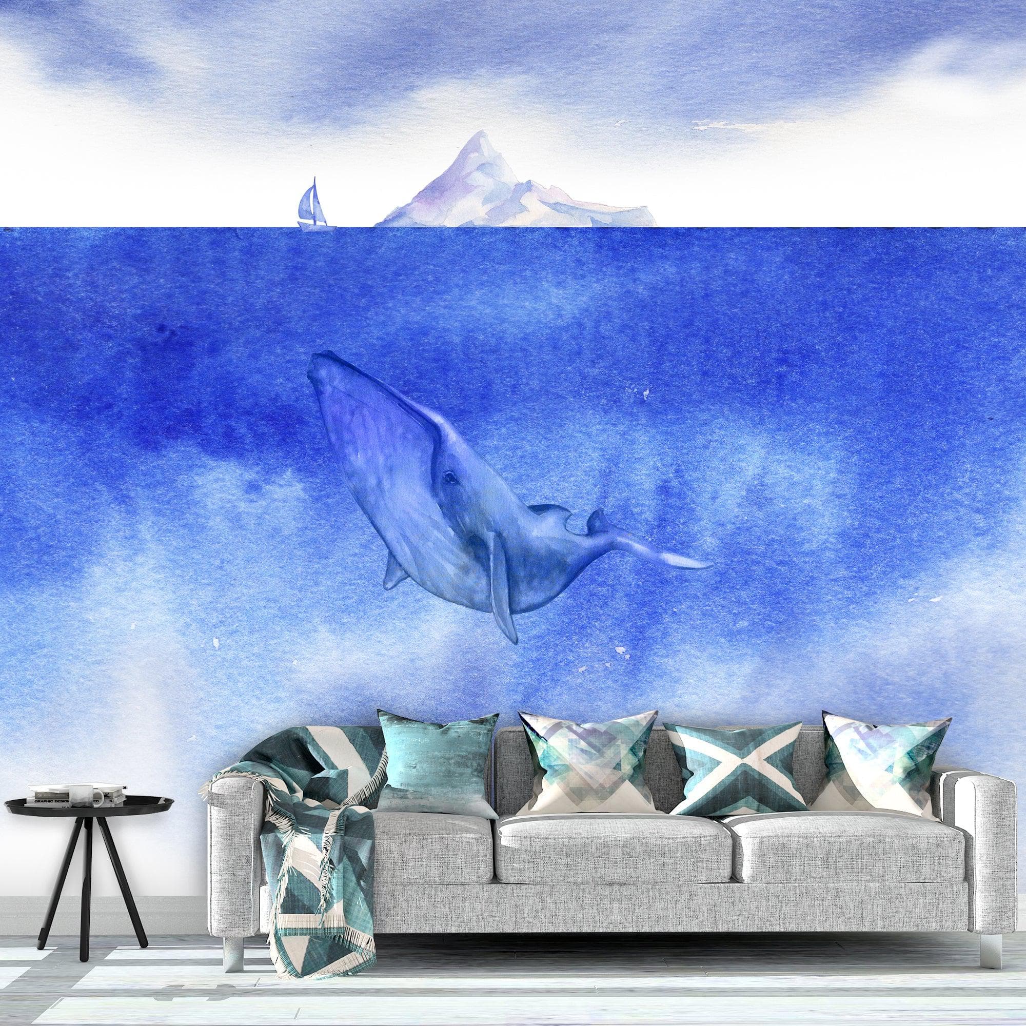 Whale in Ocean Wall Mural. Watercolor artwork of whale, island and sailboat. Peel and Stick Wallpaper. #6197