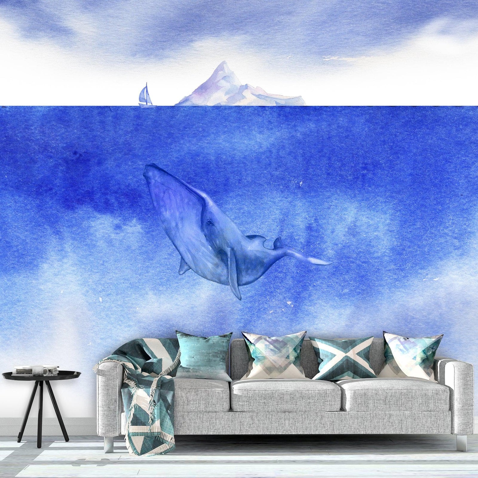 Whale in Ocean Wall Mural. Watercolor artwork of whale, island and sailboat. Peel and Stick Wallpaper. #6197