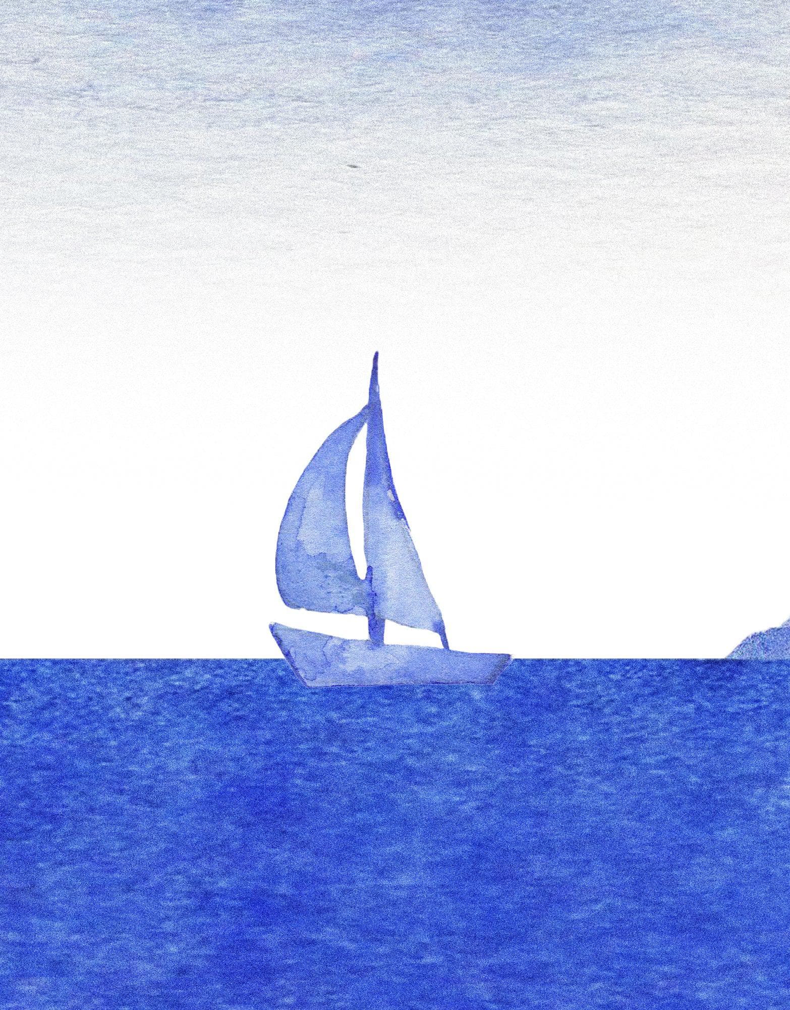 Whale in Ocean Wall Mural. Watercolor artwork of whale, island and sailboat. Peel and Stick Wallpaper. #6197