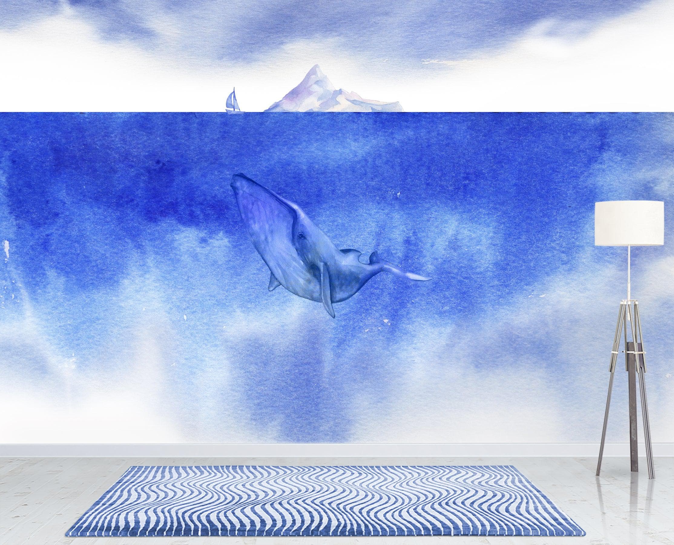 Whale in Ocean Wall Mural. Watercolor artwork of whale, island and sailboat. Peel and Stick Wallpaper. #6197