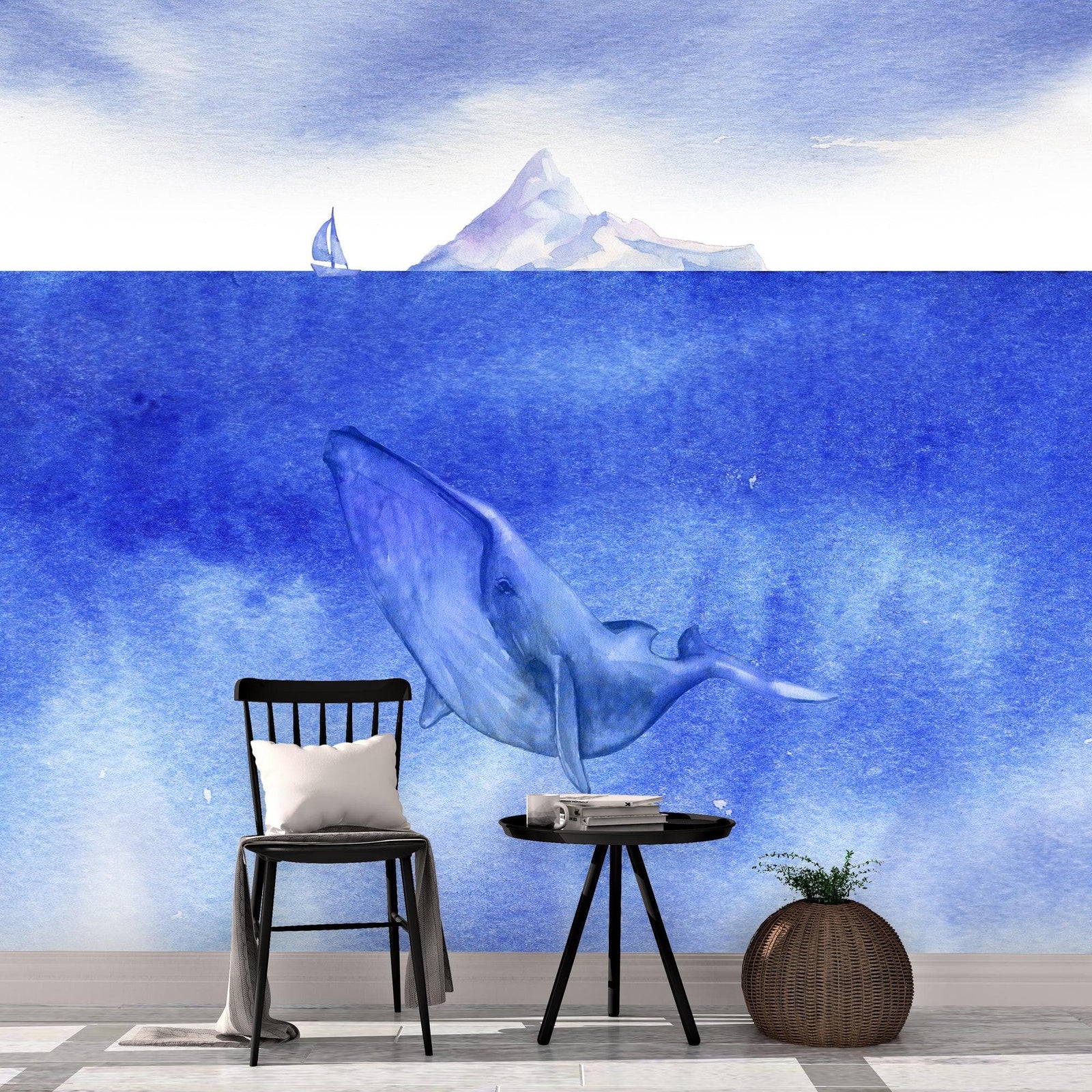 Whale in Ocean Wall Mural. Watercolor artwork of whale, island and sailboat. Peel and Stick Wallpaper. #6197