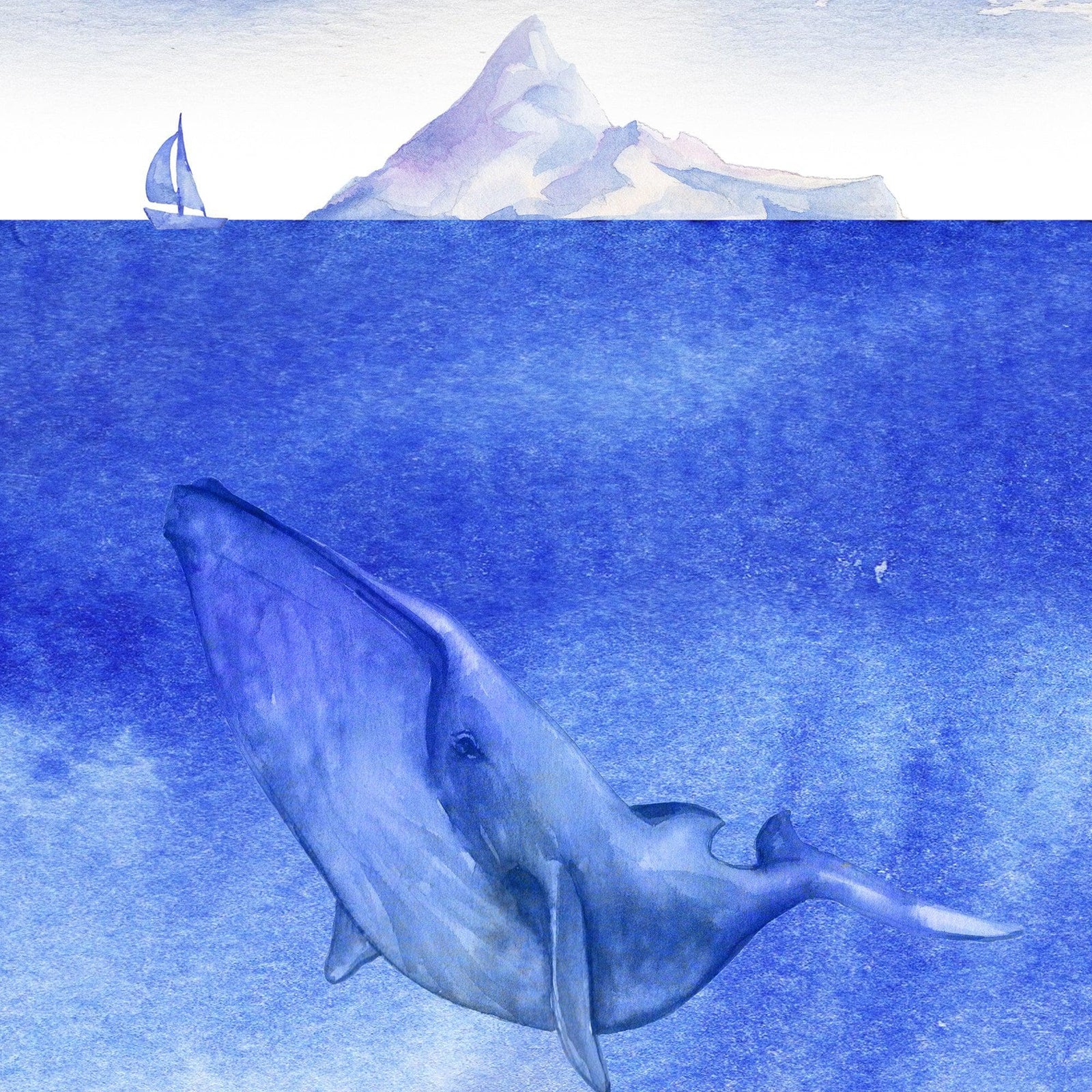 Whale in Ocean Wall Mural. Watercolor artwork of whale, island and sailboat. Peel and Stick Wallpaper. #6197