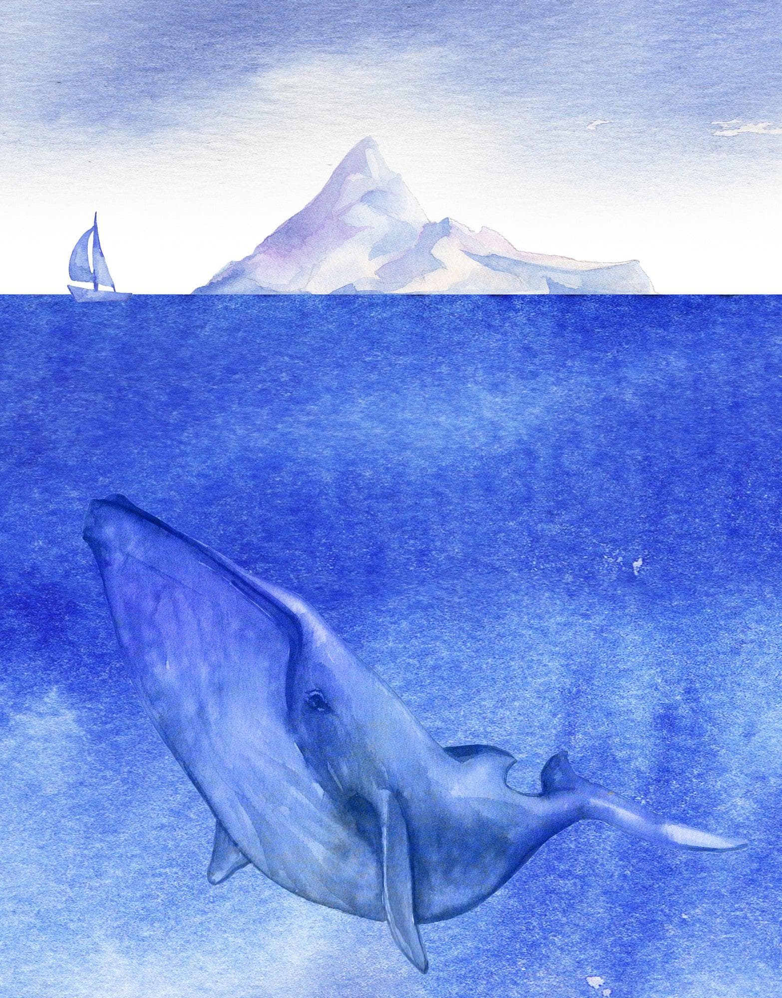 Whale in Ocean Wall Mural. Watercolor artwork of whale, island and sailboat. Peel and Stick Wallpaper. #6197
