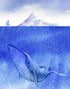 Whale in Ocean Wall Mural. Watercolor artwork of whale, island and sailboat. Peel and Stick Wallpaper. #6197