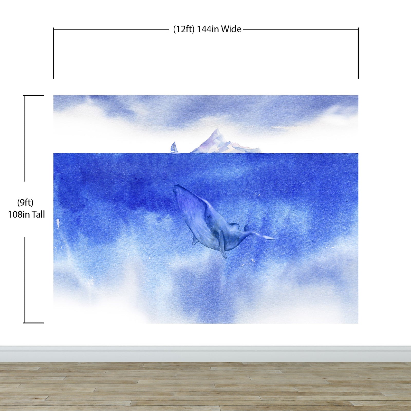 Whale in Ocean Wall Mural. Watercolor artwork of whale, island and sailboat. Peel and Stick Wallpaper. #6197