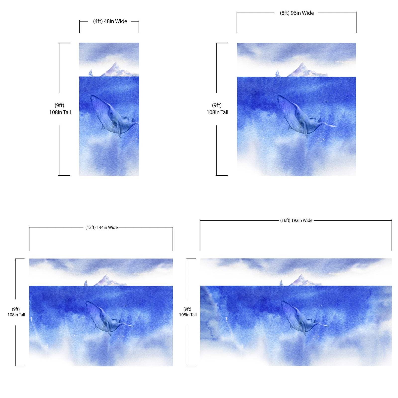 Whale in Ocean Wall Mural. Watercolor artwork of whale, island and sailboat. Peel and Stick Wallpaper. #6197