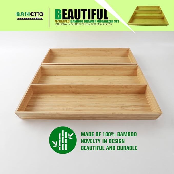 2-Piece V-Shaped Bamboo Drawer Organizer - Ideal for Kitchen's Large Long Tableware, Cooking Utensils, Flatware, Silverware - Wood Storage Box for Home, Bedroom, Bathroom (19.6