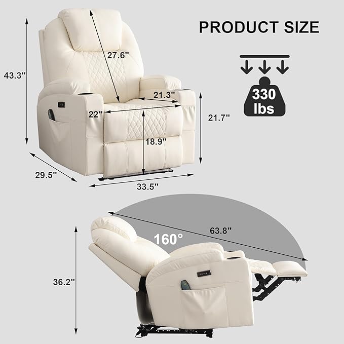 Power Recliner Chair with Heat and Massage, PU Leather Home Theater Seating with LED Lights/Cup Holders/Side Pocket/USB Port, Reclining Sofa Chair for Living Room(2, Beige)