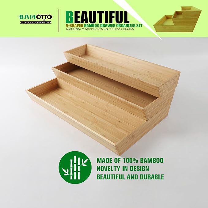 V-Shaped Bamboo Drawer Organizer Set of 3, Kitchen Large and Long Utensil Plate, Flatware & Silverware Storage Box, Wood Drawer Organizer for Bedroom, Living Room (19.6