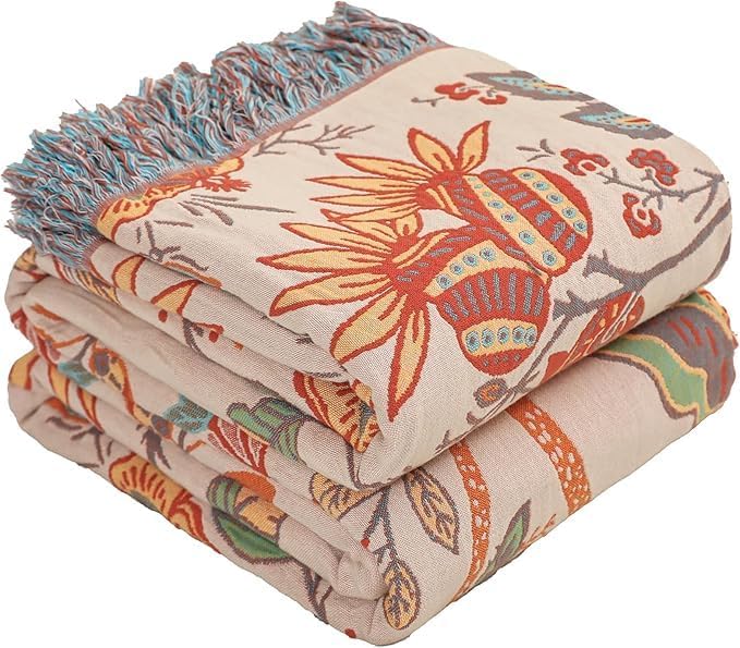 Boho Fall Throw Blanket for Bed，100% Ultra Cotton Soft Breathable Bed Throw Floral Printed Farmhouse Decor Rustic Bed Throws for Couch Sofa Quilt 60