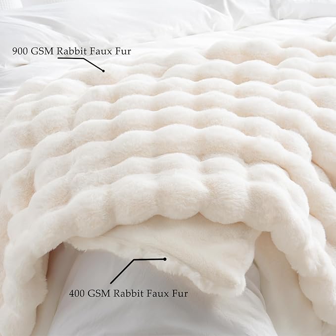 BENVWE Faux Fur Throw Blanket for Couch - Thickened Fluffy Soft Bubble Blanket for Living Room Home Decor - Mothers Day Birthday Gifts for Women Men, Cream White, 50